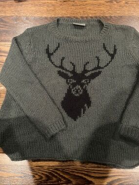 Wooden Ships Olive Green Crewneck Sweater with Deer Motif